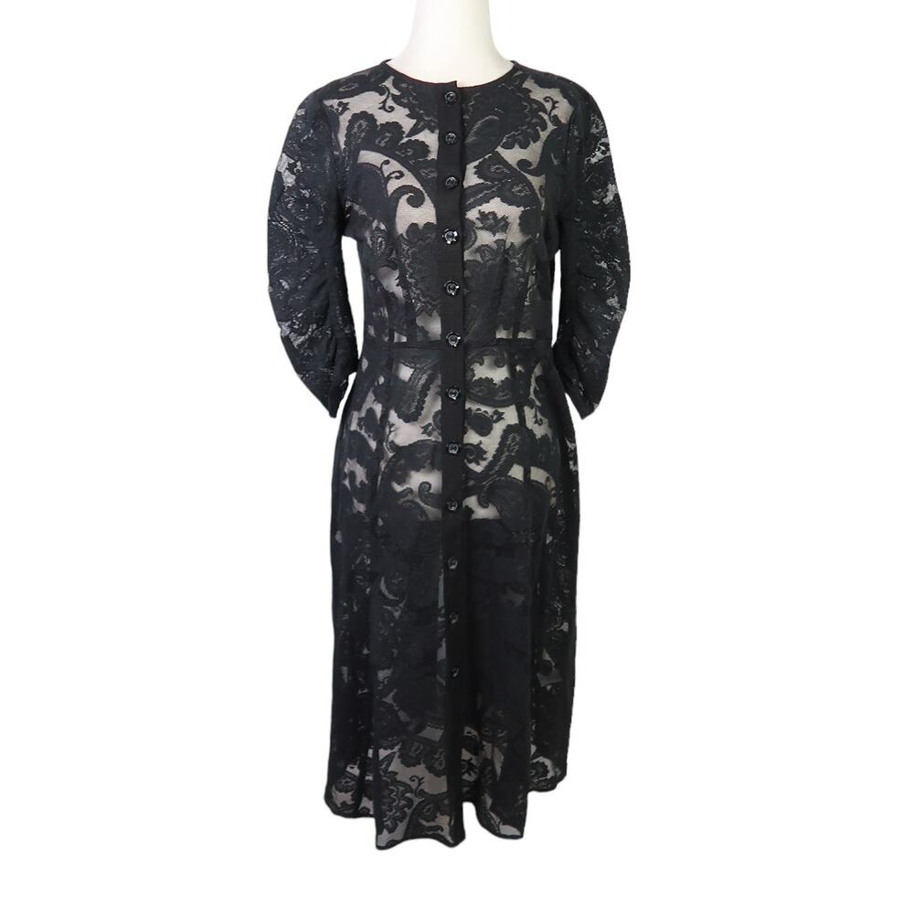 Nanette Lepore black paisley sheer lace midi cocktail dress 10